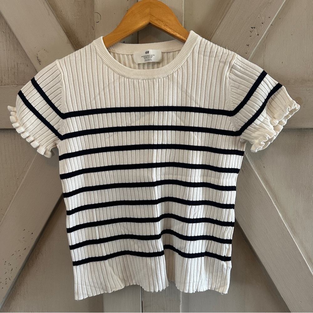H&M Girls Ribbed Knit Stripe Top White Navy Ruffle Sleeve Size 8-10Y